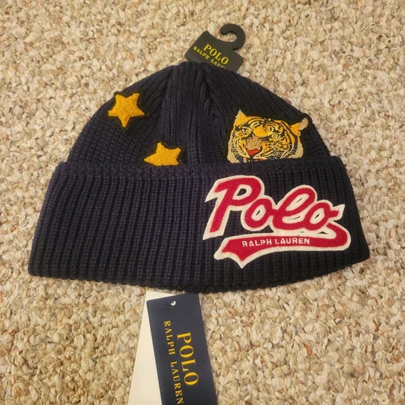 Polo ralph lauren tiger patch navy beanie NWT